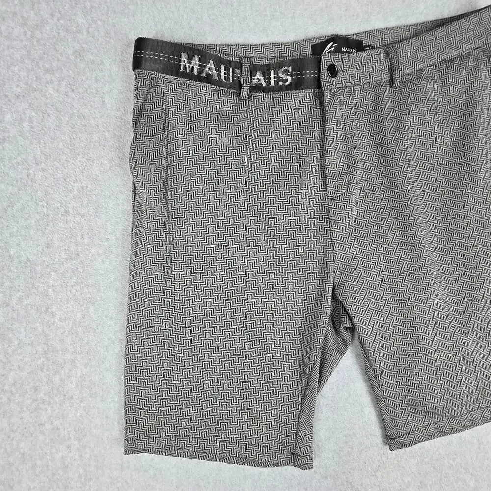 Mauvais 38 Louvre Gray Flat Front Shorts Logo Waistband Geometric Print Pattern
